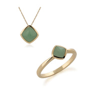 Bague Solitaire et Pendentif Classique Or Jaune 375 Jade Verte Coussin Sertie Clos