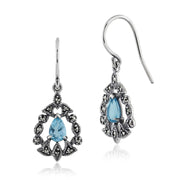 Boucles d'Oreilles Pendantes Style Art Nouveau Argent 925 Topaze Poire Bleue et Marcassite