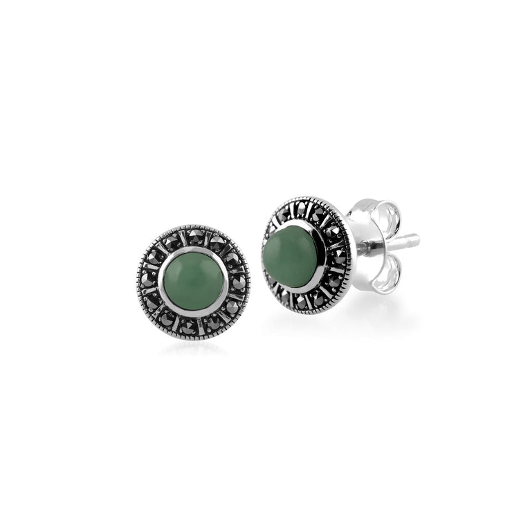 Boucles d'Oreilles Clou Style Art Déco Argent 925 Jade Verte et Marcassite Halo