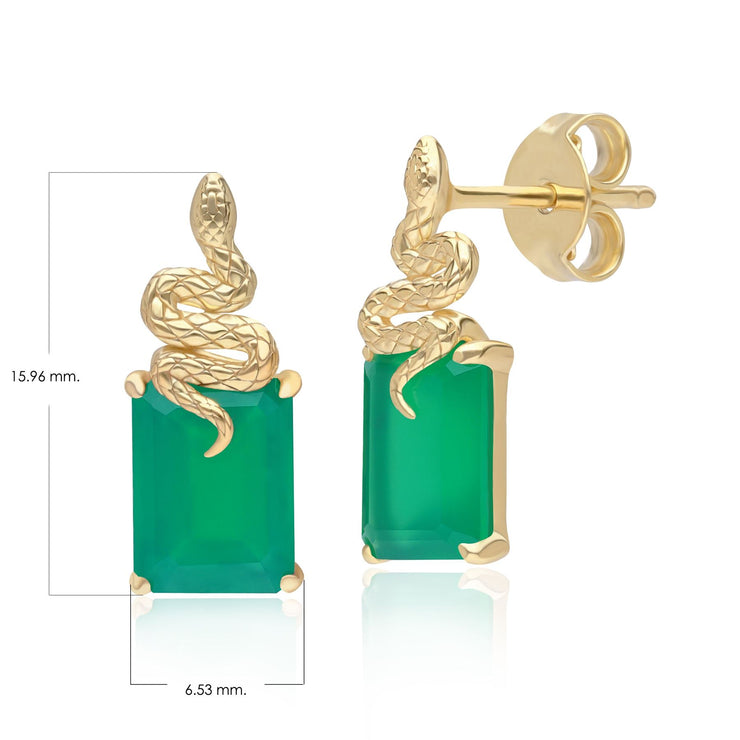 Boucles d'Oreilles Clous Grand Deco Serpent en Calcédoine Verte en Argent Doré à l'Or Fin