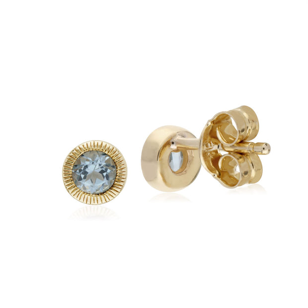 Aigue-Marine Boucles d'oreilles, 9 Ct Or Jaune Aigue-Marine Pierre Unique Rond milgrain Boucles d'oreilles