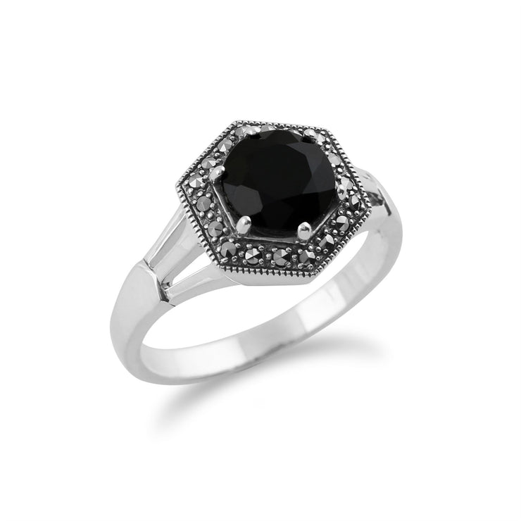 Gemondo Art Déco Bague, 925 Sterling Silver Art Déco Noir Spinelle & Marcassite Bague