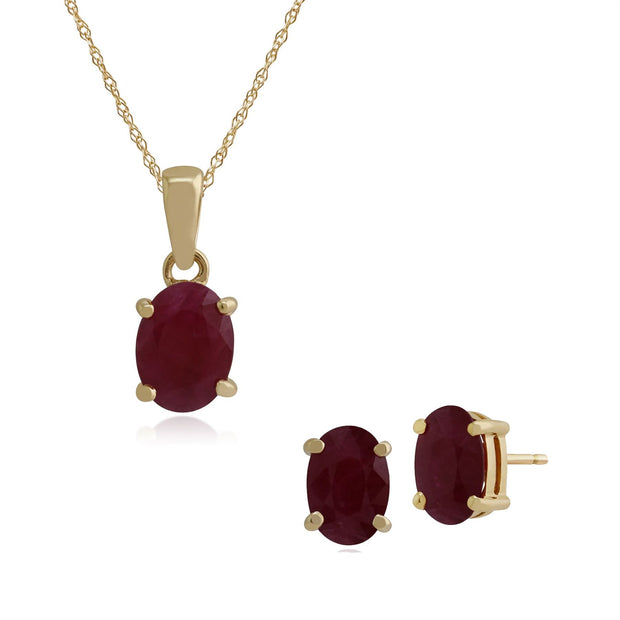 Pendentif et Boucles d'Oreilles Clou Classique Or Jaune 375 Rubis Oval