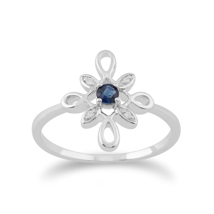 Bague et Boucles d'Oreilles Clou Floral Or Blanc 375 Saphir Rond et Diamant