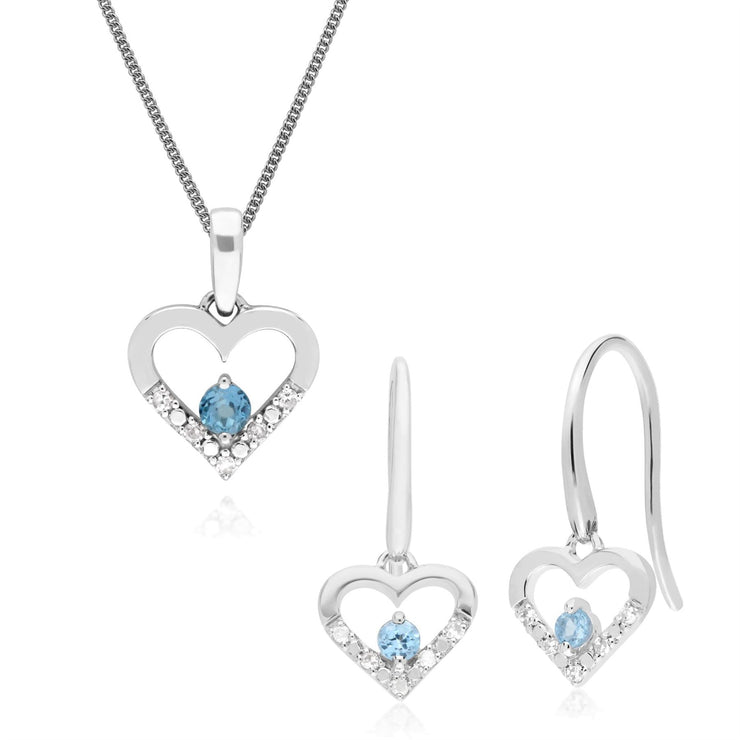 Boucles d'Oreilles Pendantes et Pendentif Cœur Classique Or Blanc 375 Topaze Bleue et Diamant