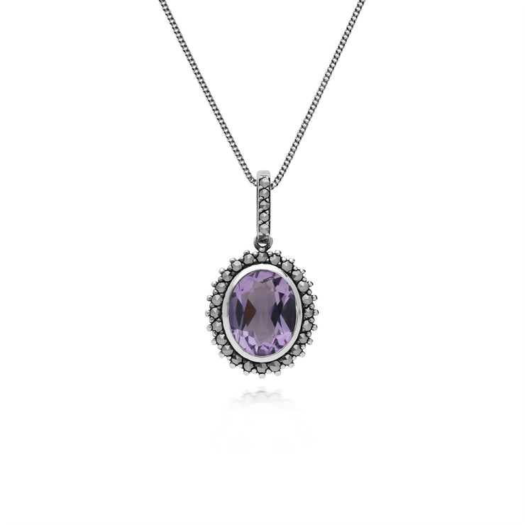 Pendentif et Boucles d'Oreilles Style Art Déco Argent 925 Améthyste Ovale et Marcassite Halo