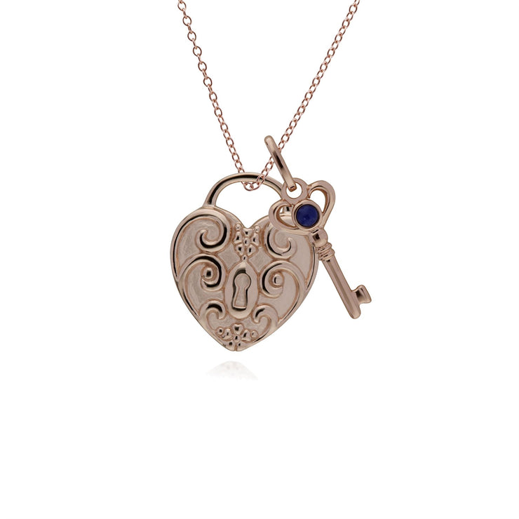 Pendentif Classique Cadenas Cœur Torsadé Argent 925 Plaqué Or Rose et Charms Clé Lapis Lazuli