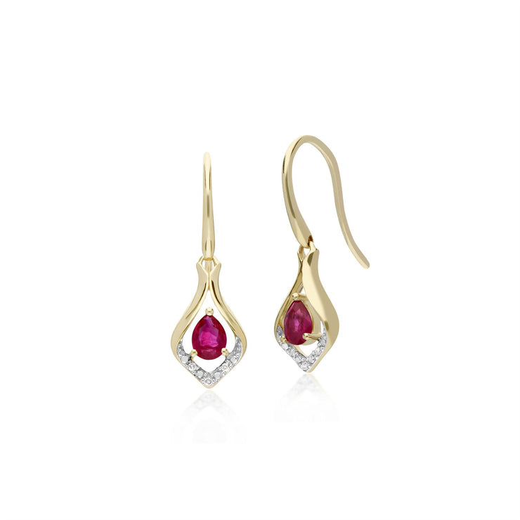 Rubis Boucles D'Oreilles, 9 CT or Jaune Ovale Rubis & Diamant Feuille Boucles D'Oreilles Goutte