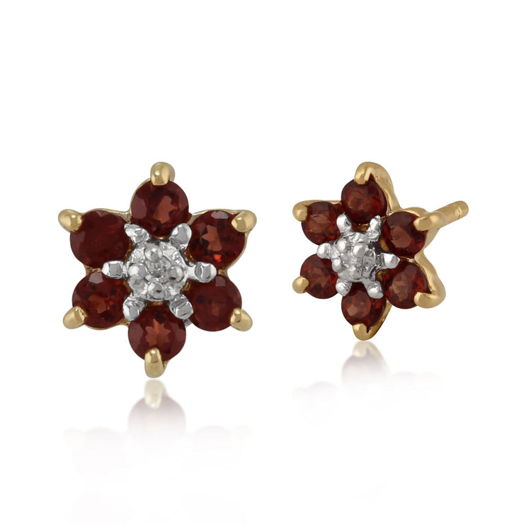Boucles d'Oreilles Clou Floral Or Jaune 375 Grenat Oval et Diamant