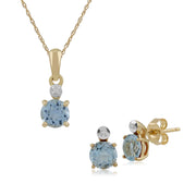 Pendentif et Boucles d'Oreilles Clou Classique Or Jaune 375 Topaze Bleue Ronde et Diamant