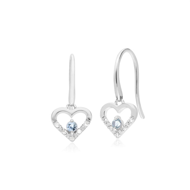 Boucles d'Oreilles Cœur Pendantes Classique Or Blanc 375 Aigue-Marine et Diamant