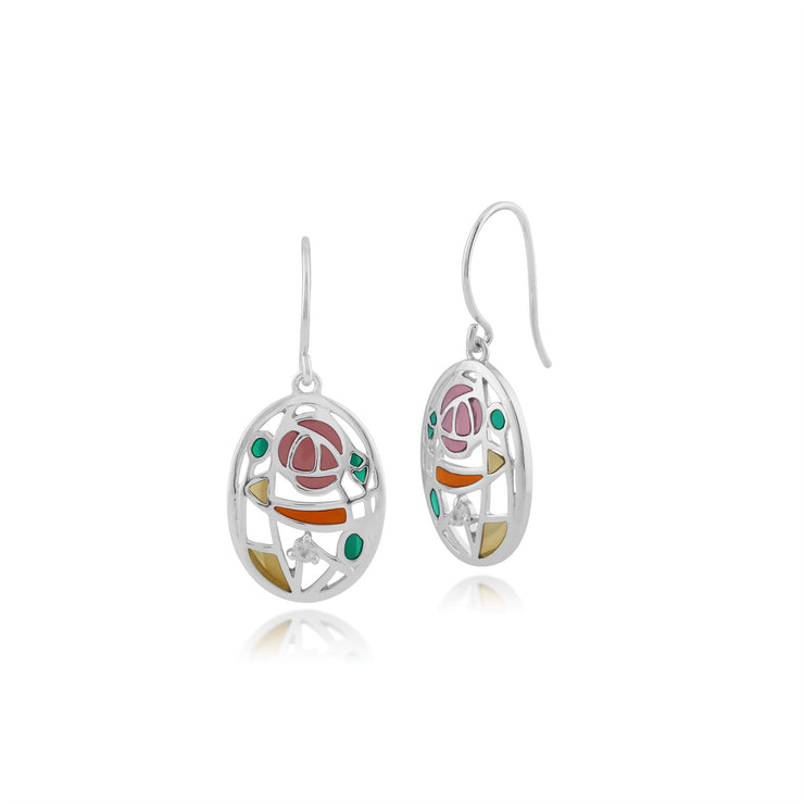 Boucles d'Oreilles Pendantes Style Rennie Mackintosh Argent 925 Topaze Rose Cercle
