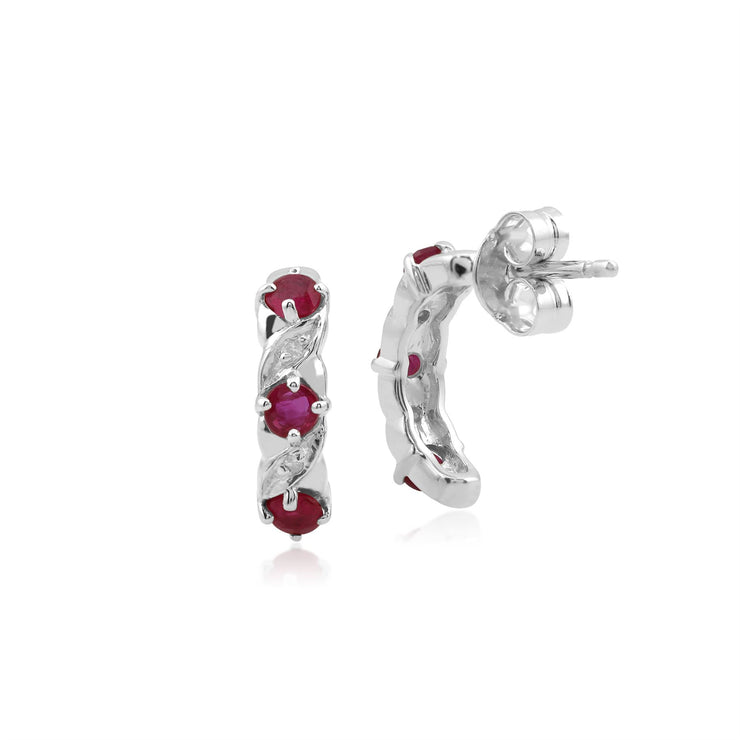 Boucles d'Oreilles Demi-Créoles Or Blanc 375 Rubis et Diamant