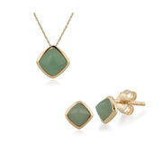 Pendentif et Boucles d'Oreilles Clou Classique Or Jaune 375 Jade Verte Coussin sertie Clos