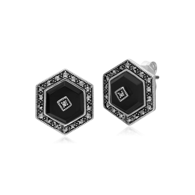 s Argent Sterling Noir Onyx et Marcassite Hexagone Boucles D'Oreilles