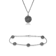 Pendentif et Bracelet Style Rennie Mackintosh Argent 925 Rose de Glasgow marcassite Ronde