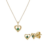 Pendentif et Boucles d'Oreilles Clou Cœur Classique Or Jaune 375 Emeraude