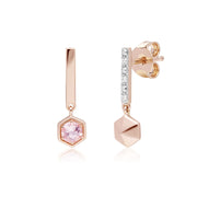 Boucles d'Oreilles Mini Pendantes Asymétriques Or Rose 375 Morganite et Diamant