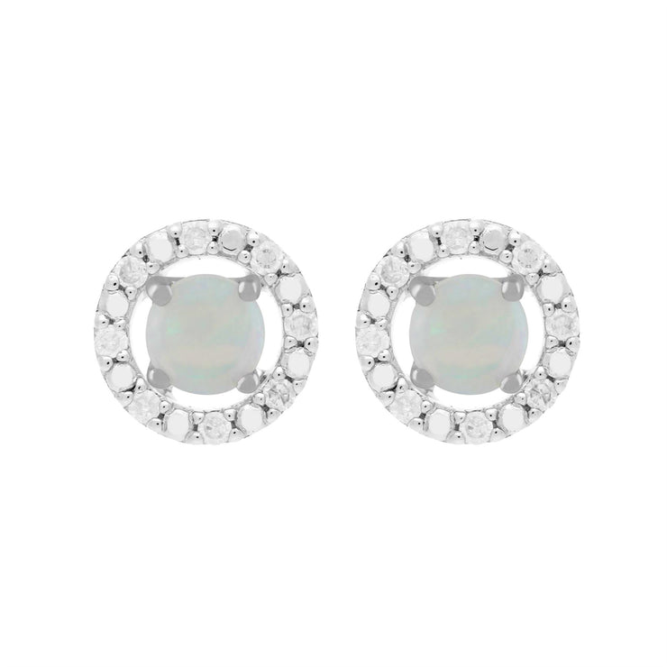 Boucles d'Oreilles Clou Opale Classique Or Blanc 375 et Ear-Jacket Rond Diamant