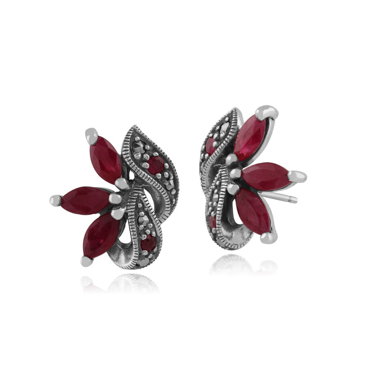 Boucles d'Oreilles Feuille Clou Style Art nouveau Argent 925 Rubis et Marcassite