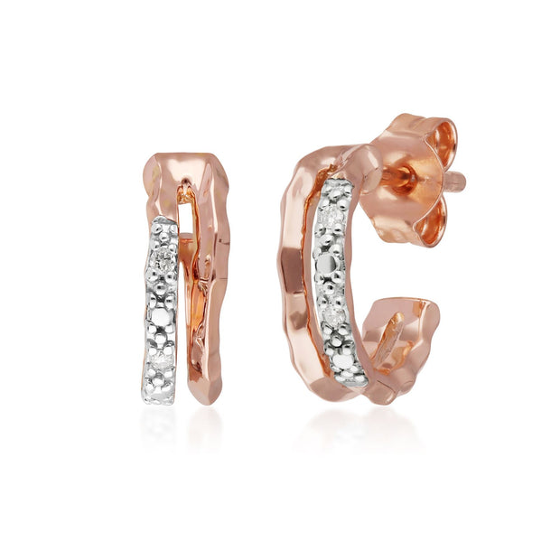 Boucles d'Oreilles Doubles Mini Créoles Pavé Diamant Or Rose 375 effet Martelé