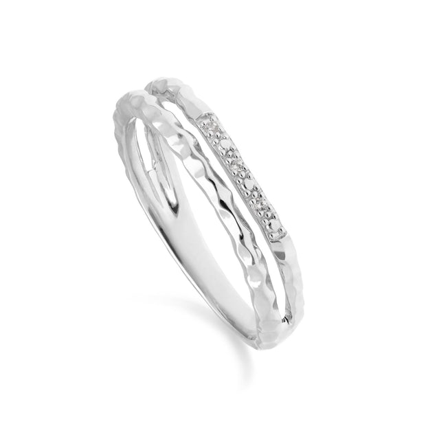 Bague Anneau Double Effet Martelé Pavé Diamant Or Blanc  375