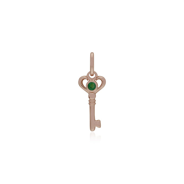 Pendentif Classique Argent 925 Plaqué Or Rose Petite Clé avec Emeraude Rond