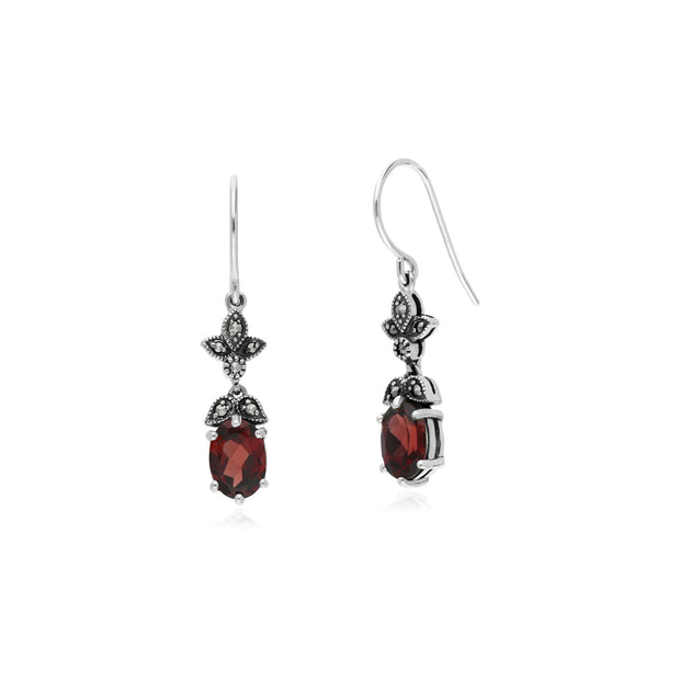 Boucles d'Oreilles Style Art Nouveau en Argent Sterling 925 avec Grenat et Marcassite