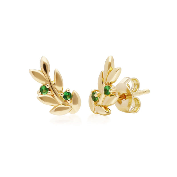 Boucles d'Oreilles Clou O Leaf Argent 925 Plaqué Or et Tsavorites