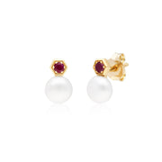 Boucles d'Oreilles Clou Moderne Or Jaune 375 Rubis et Perle