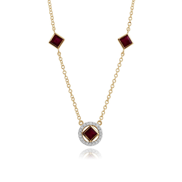 Collier Classique Or Jaune 375 Rubis Carré et Diamant Style Halo