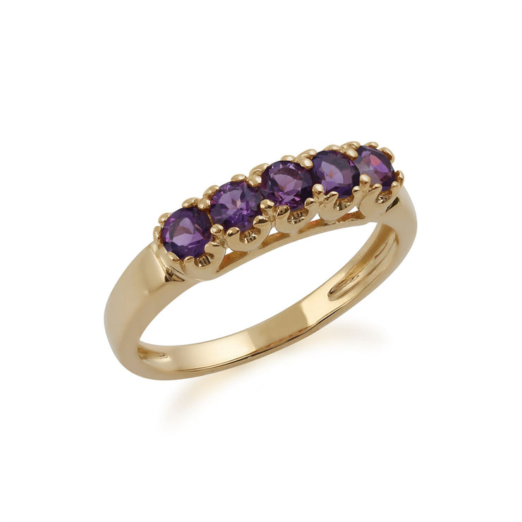 JAUNE 9 Ct Or 0.47ct NATURAL AMETHYST classique cinq Pierre Bague Style