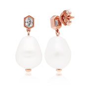 Boucles d'Oreilles Asymétrique Perle Moderne Argent 925 Plaqué Or Rose Perle et Grenat