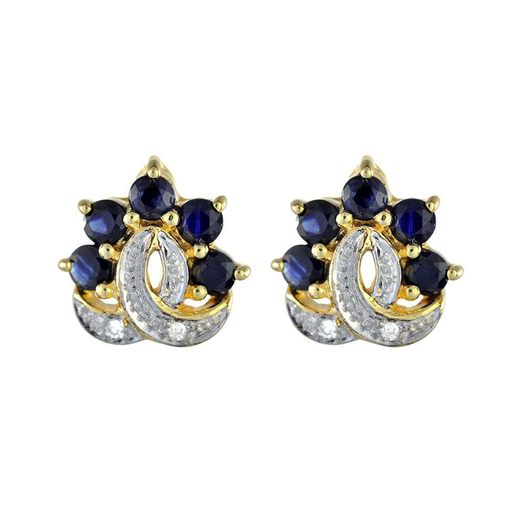 Boucles d'Oreilles Clou Or Jaune 375 Saphir et Diamant Cluster