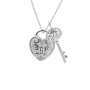 Pendentif Classique Cadenas Cœur Torsadé Argent 925 et Charms Grande Clé Pierre de Lune Arc-en-Ciel