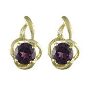 Pendentif et Boucles d'Oreilles Clou Floral Style Art Nouveau Or Jaune 375 Rhodolite et Diamant