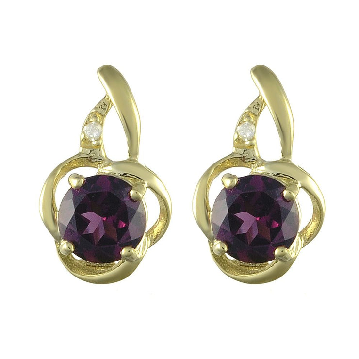 Pendentif et Boucles d'Oreilles Clou Floral Style Art Nouveau Or Jaune 375 Rhodolite et Diamant