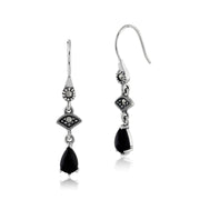 Boucles d'Oreilles Pendantes Style Art Déco Argent 925 Onyx Noir Cabochon et Marcassite