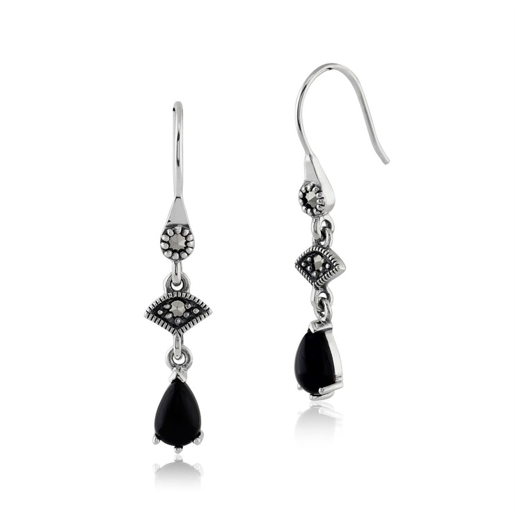 Boucles d'Oreilles Pendantes Style Art Déco Argent 925 Onyx Noir Cabochon et Marcassite