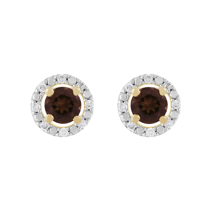 Boucles d'Oreilles Clou Quartz Fumé Classique Or Jaune 375 et Ear-Jacket Rond Diamant