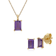 Pendentif et Boucles d'Oreilles Clou Classique Or Jaune 375 Améthyste Baguette