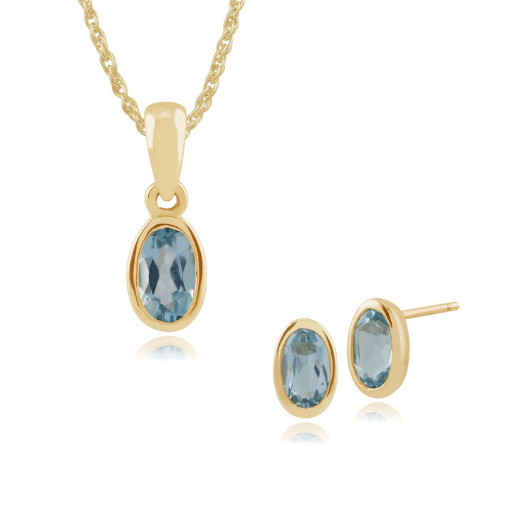 Boucles d'Oreilles Clou et Pendentif Classique Or Jaune 375 Topaze Bleue sertis Clos