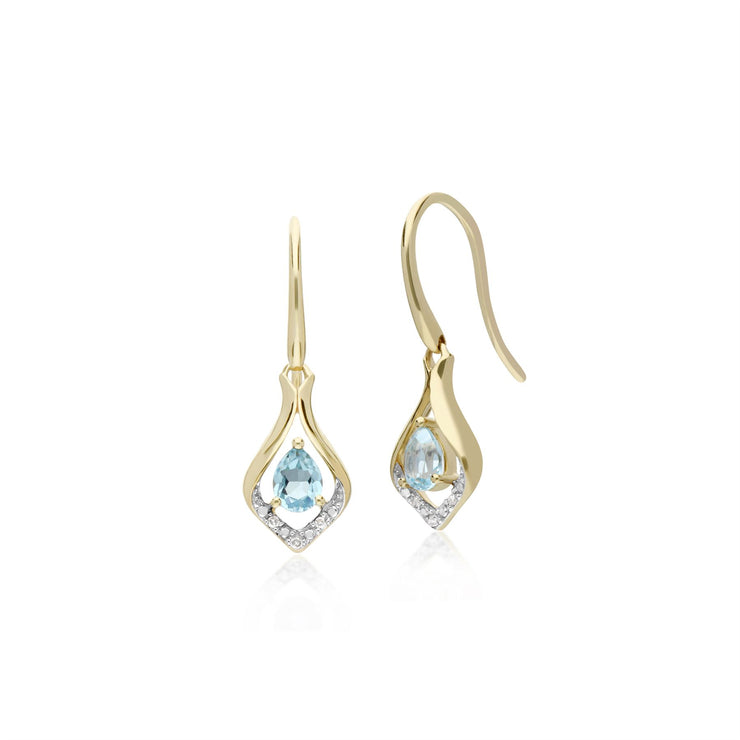 Topaze Boucles D'Oreilles, 9 CT or Jaune Rond Topaze Bleu et Diamant Feuille Boucles D'Oreilles Goutte