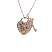 Pendentif Classique Cadenas Cœur Torsadé Argent 925 Plaqué Or Rose et Charms Clé Pierre de Lune Arc-en-Ciel