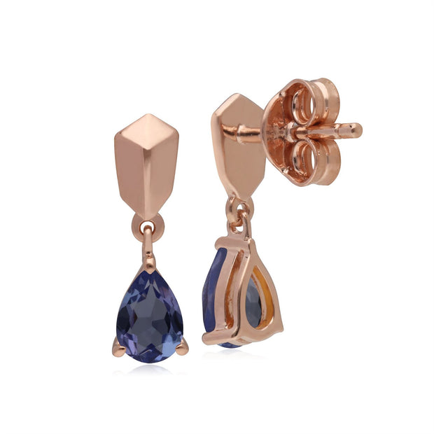 Boucles d'Oreilles Mini Pendantes Argent 925 Plaqué Or Rose Tanzanite