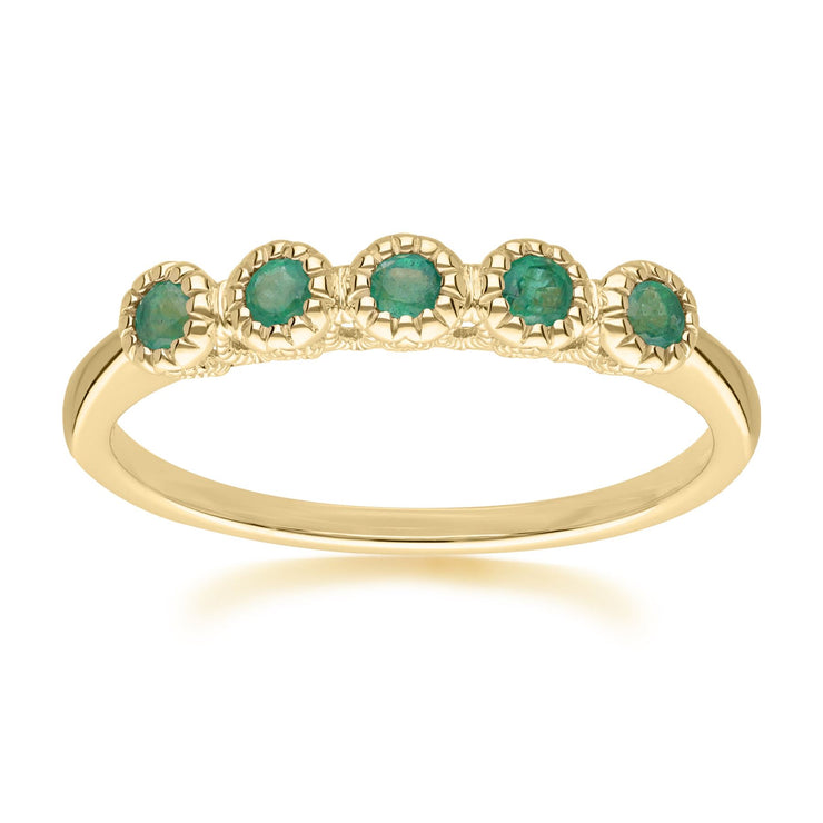 Bague Demi-Eternité 5 Pierres Or Jaune 9ct et Emeraude Ronde