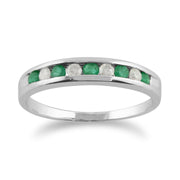 Bague Demi-Eternité en Or Blanc 9ct avec Emeraudes et Diamants Ronds