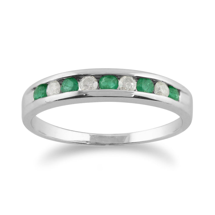 Bague Demi-Eternité en Or Blanc 9ct avec Emeraudes et Diamants Ronds