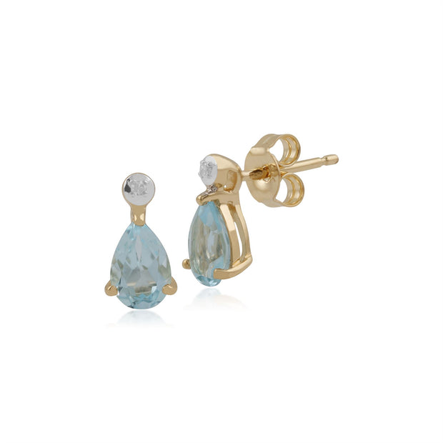 Boucles d'Oreilles Pendantes Classique Or Jaune 375 Aigue-Marine Poire et Diamant