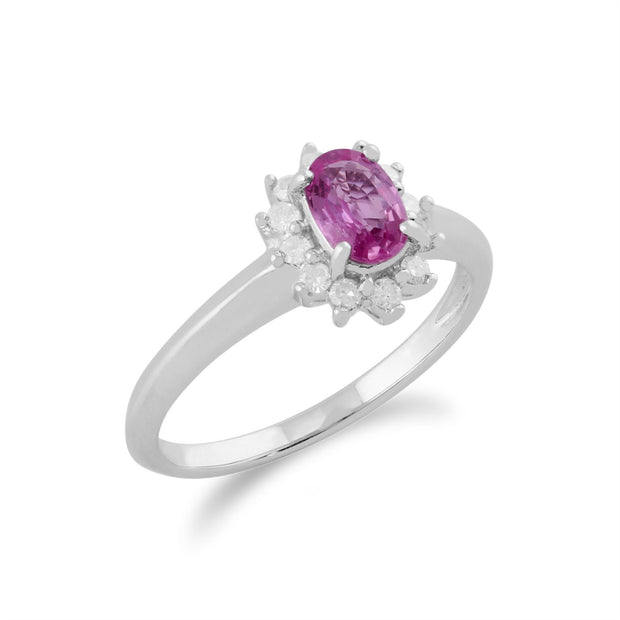 Bague Classique Or Blanc 375 Saphir rose et Diamant Halo